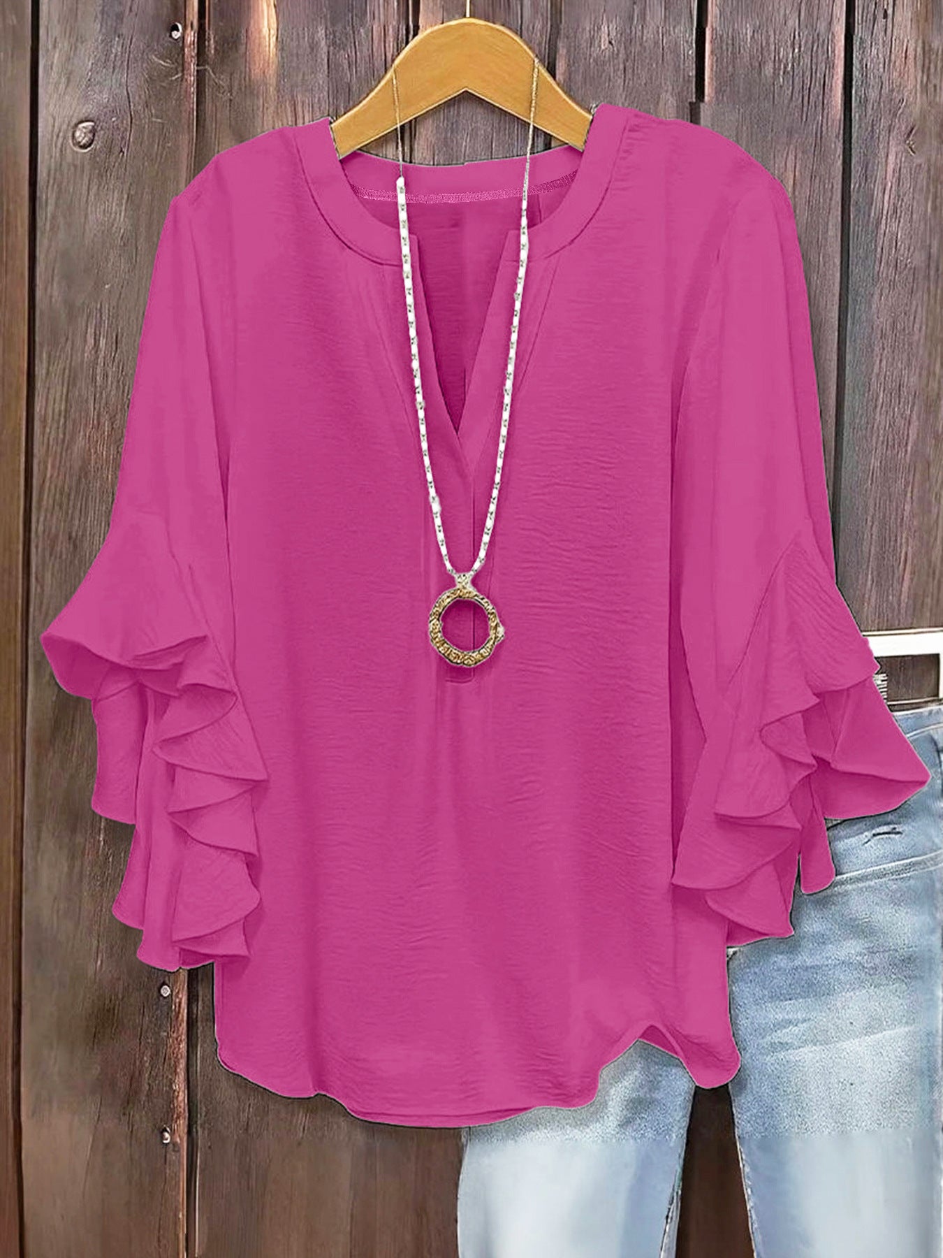 Plus Size Women Notch V Neck Layered Ruffle 3/4 Sleeve Loose Casual Blouse Top