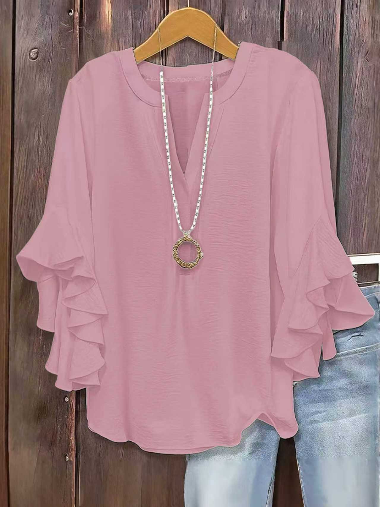 Plus Size Women Notch V Neck Layered Ruffle 3/4 Sleeve Loose Casual Blouse Top