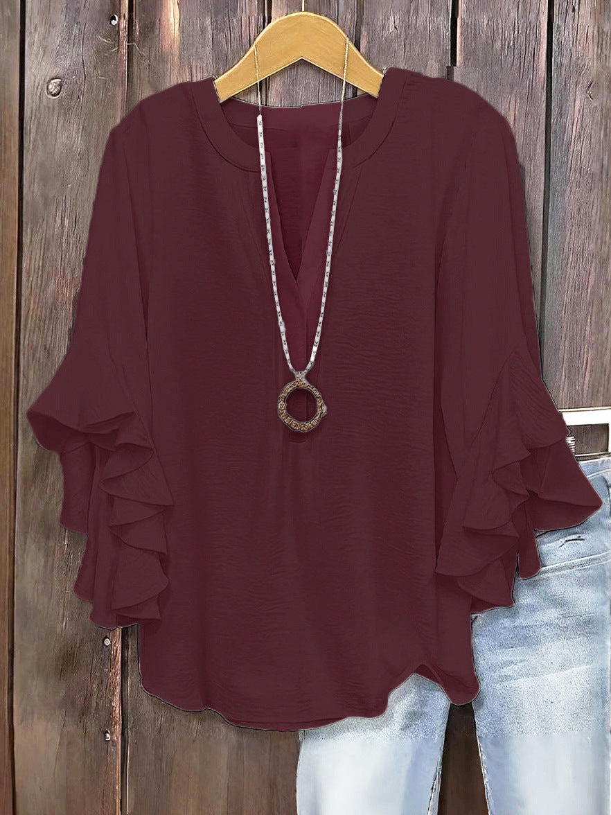 Plus Size Women Notch V Neck Layered Ruffle 3/4 Sleeve Loose Casual Blouse Top