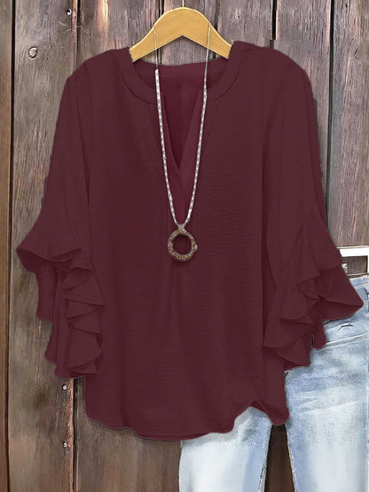 Plus Size Women Notch V Neck Layered Ruffle 3/4 Sleeve Loose Casual Blouse Top
