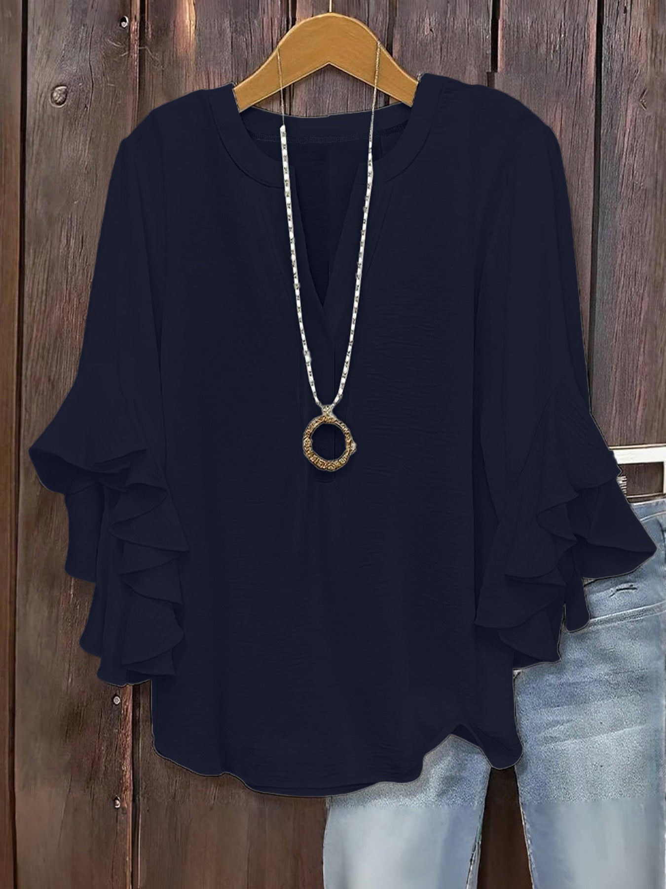 Plus Size Women Notch V Neck Layered Ruffle 3/4 Sleeve Loose Casual Blouse Top