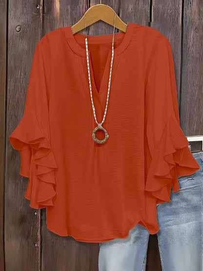 Plus Size Women Notch V Neck Layered Ruffle 3/4 Sleeve Loose Casual Blouse Top