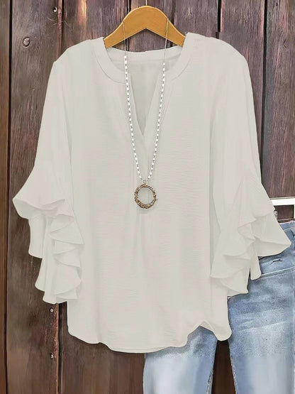 Plus Size Women Notch V Neck Layered Ruffle 3/4 Sleeve Loose Casual Blouse Top