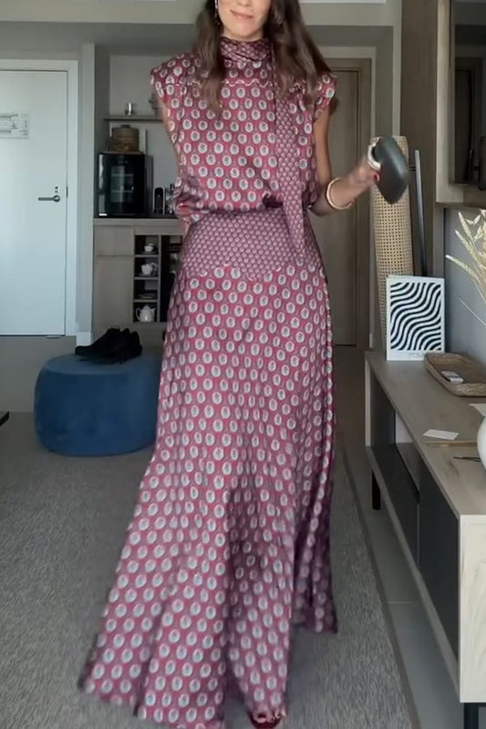 Satin Art Print High-Neck Tie-Waist Short-Sleeve Top and High-Waisted Long Skirt Set