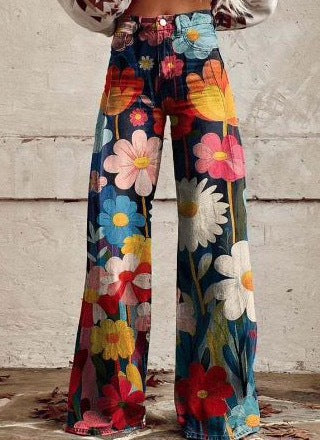 Bohemian-style printed high-waisted wide-leg pants