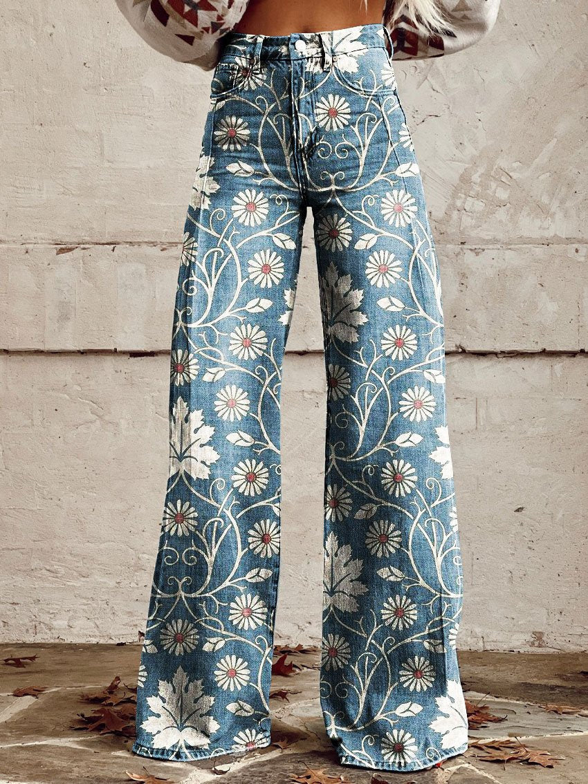 Bohemian-style printed high-waisted wide-leg pants