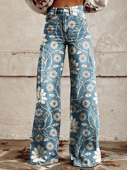 Bohemian-style printed high-waisted wide-leg pants