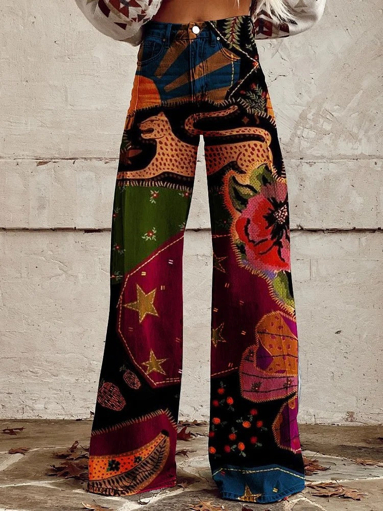 Bohemian-style printed high-waisted wide-leg pants