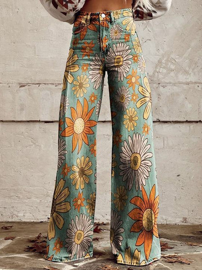Bohemian-style printed high-waisted wide-leg pants