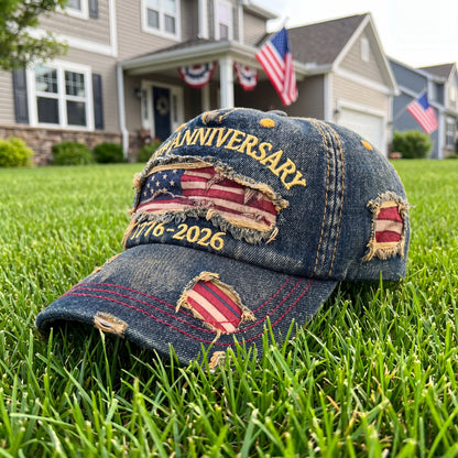 USA 250th Anniversary Hat 1776-2026 - Embroidered Distressed Denim Cap