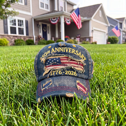 USA 250th Anniversary Hat 1776-2026 - Embroidered Distressed Denim Cap