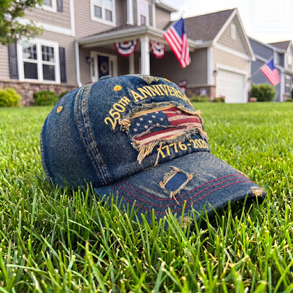 USA 250th Anniversary Hat 1776-2026 - Embroidered Distressed Denim Cap