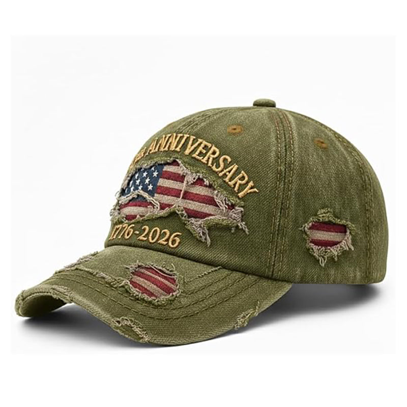 USA 250th Anniversary Hat 1776-2026 - Embroidered Distressed Denim Cap