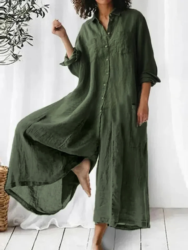 Women's Solid Color Art Casual Long Sleeve Cotton Linen Jumpsuit