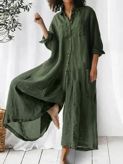 Women's Solid Color Art Casual Long Sleeve Cotton Linen Jumpsuit