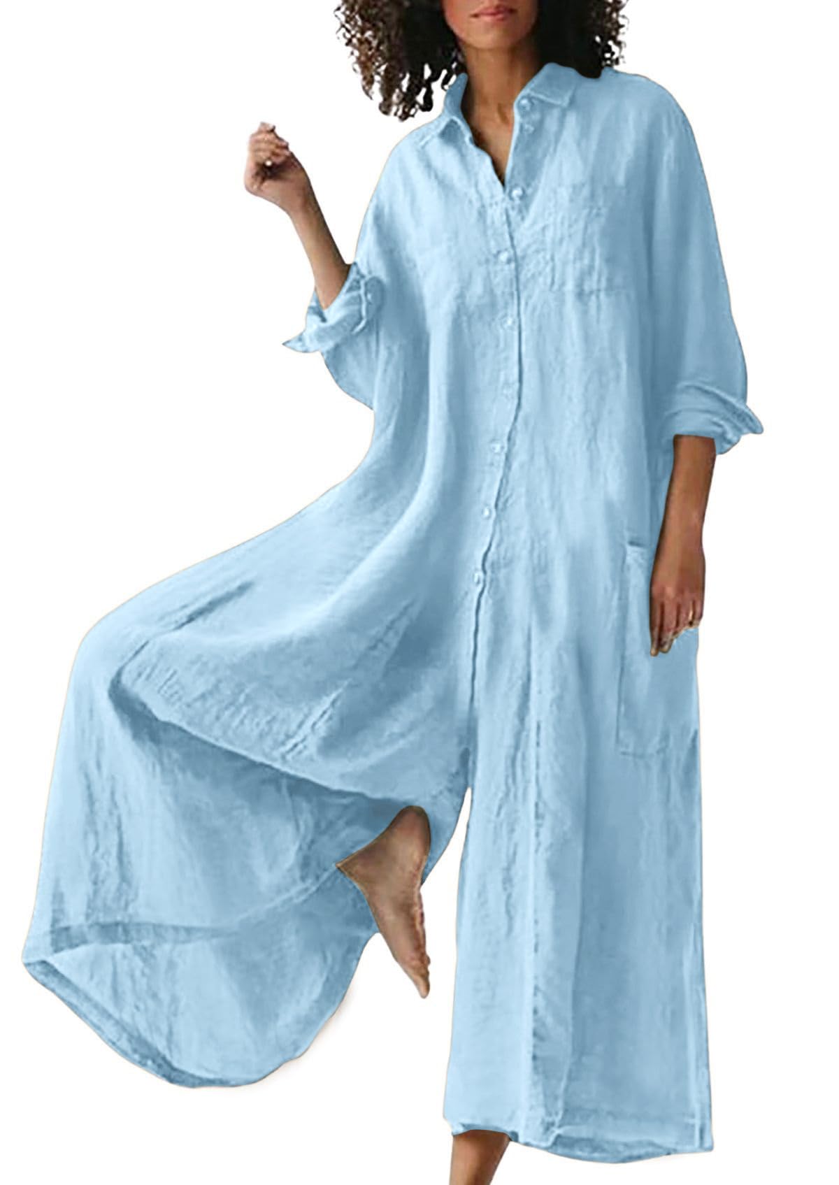 Women's Solid Color Art Casual Long Sleeve Cotton Linen Jumpsuit