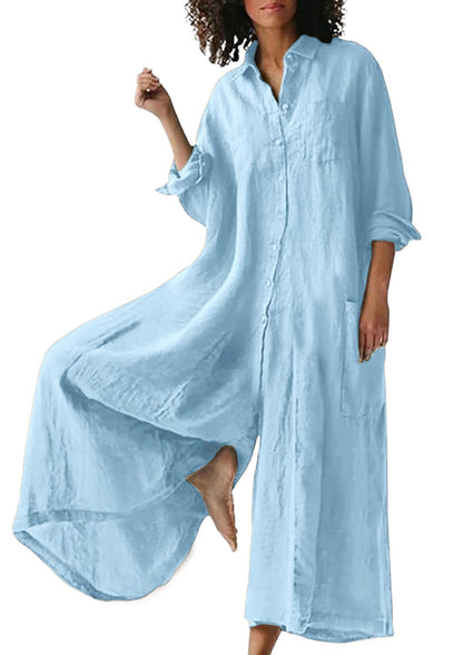 Women's Solid Color Art Casual Long Sleeve Cotton Linen Jumpsuit