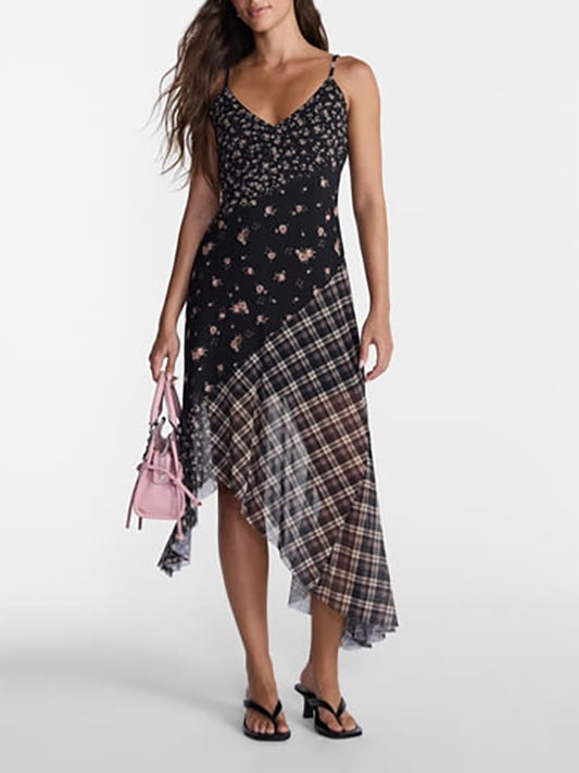 Patchwork floral irregular hem slip dress