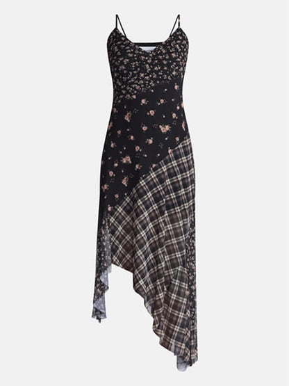 Patchwork floral irregular hem slip dress