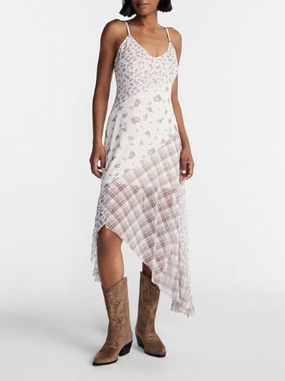 Patchwork floral irregular hem slip dress
