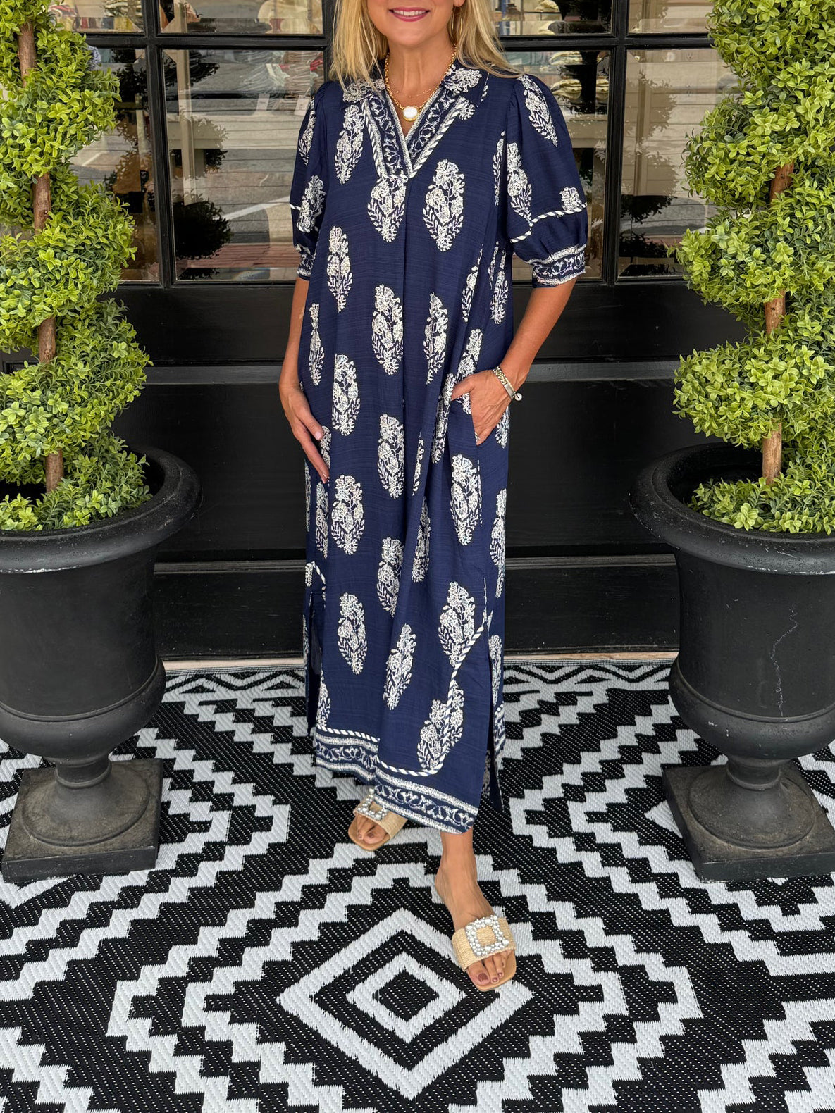 Print Puff Short Sleeve V Neck Split Side Maxi Dress