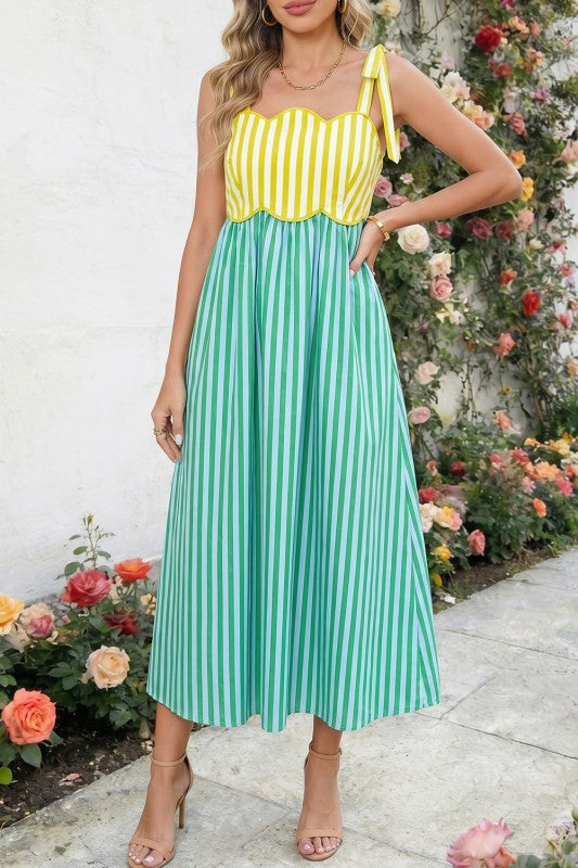 High-waisted striped halter dress with color blocking