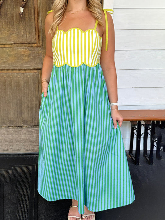 High-waisted striped halter dress with color blocking
