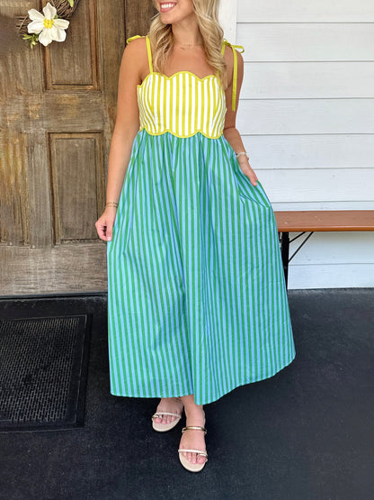 High-waisted striped halter dress with color blocking