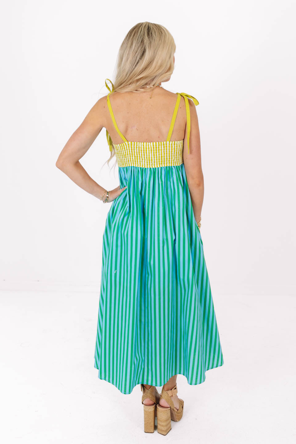 High-waisted striped halter dress with color blocking