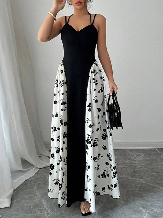 Women's black and white color-blocked printed suspender maxi dress