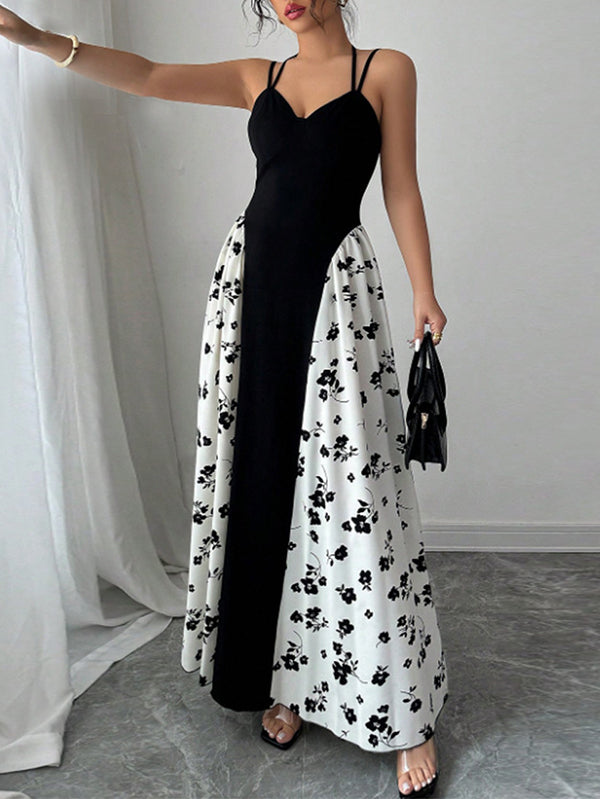 Women's black and white color-blocked printed suspender maxi dress
