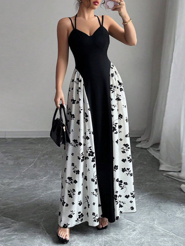 Women's black and white color-blocked printed suspender maxi dress
