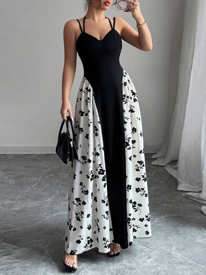 Women's black and white color-blocked printed suspender maxi dress