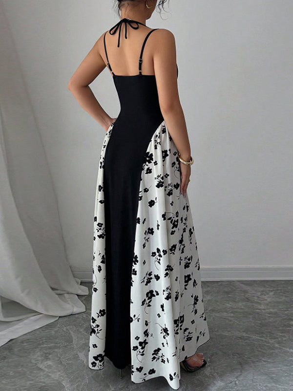 Women's black and white color-blocked printed suspender maxi dress