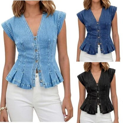 Women's V-neck button-down denim slim-fit pleated sleeveless vest