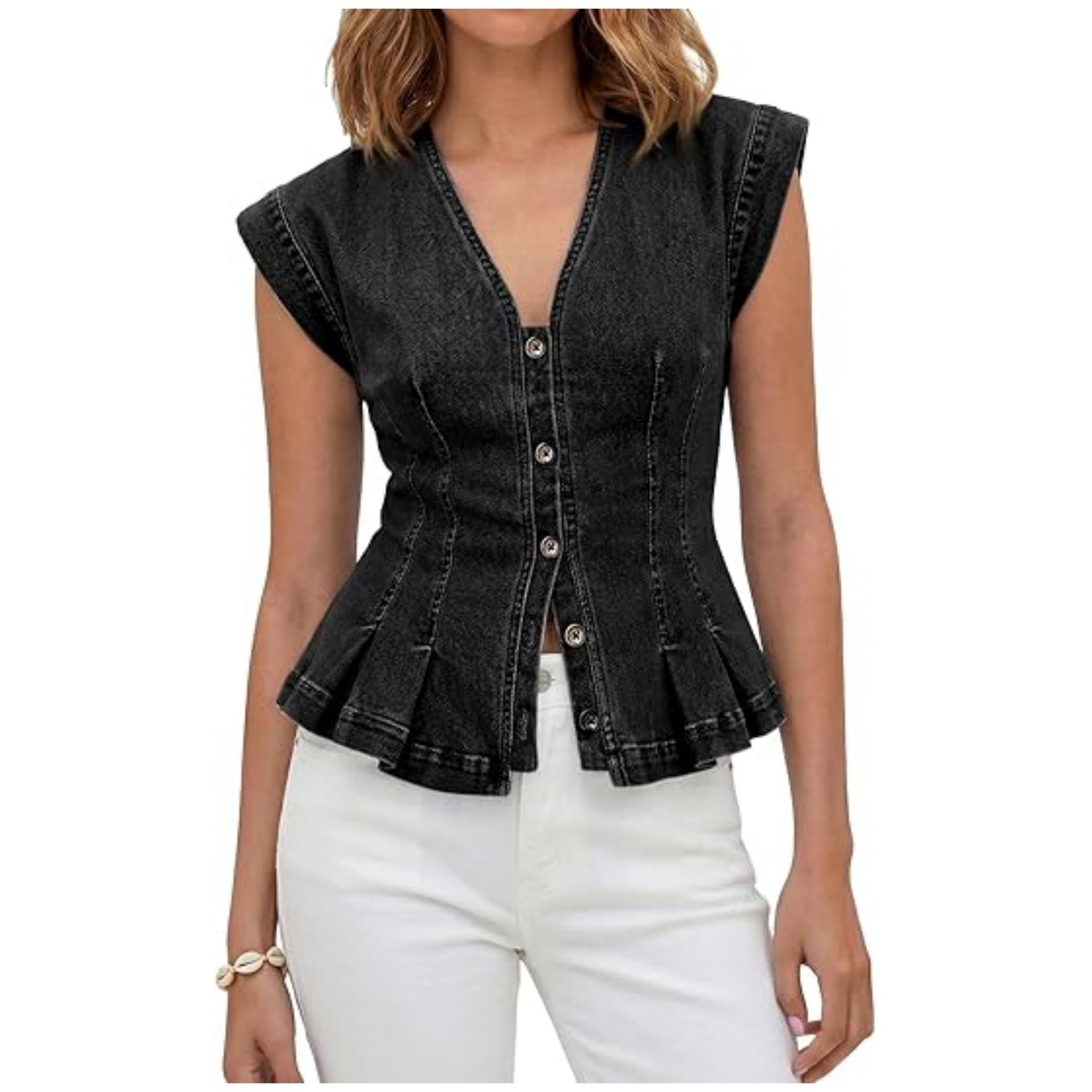 Women's V-neck button-down denim slim-fit pleated sleeveless vest