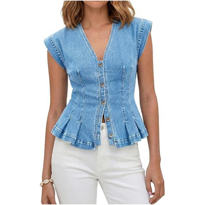 Women's V-neck button-down denim slim-fit pleated sleeveless vest