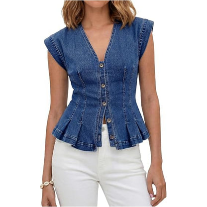 Women's V-neck button-down denim slim-fit pleated sleeveless vest