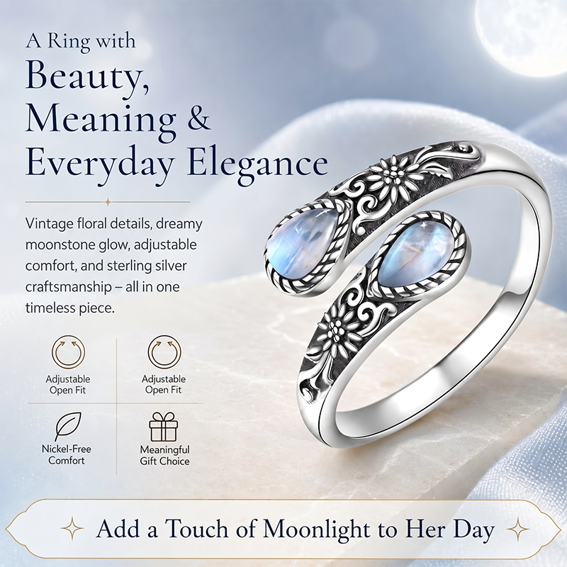 🔥Last Day 🌙Moonstone Bloom Ring | Vintage Style • Adjustable Fit • Timeless Elegance