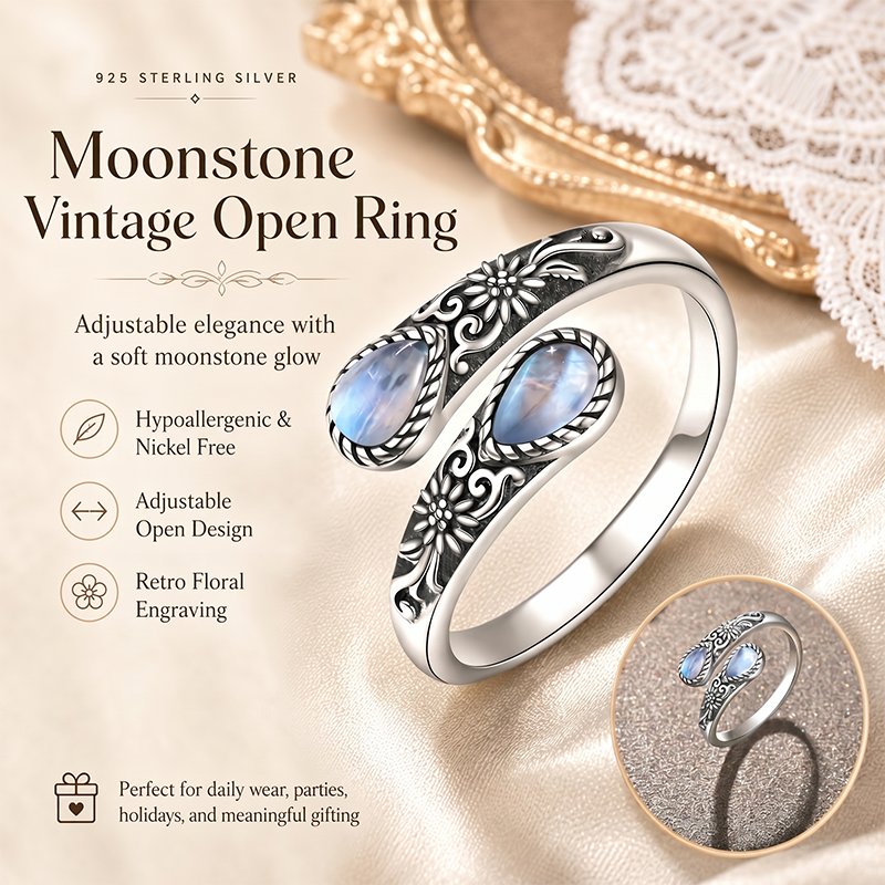 🔥Last Day 🌙Moonstone Bloom Ring | Vintage Style • Adjustable Fit • Timeless Elegance