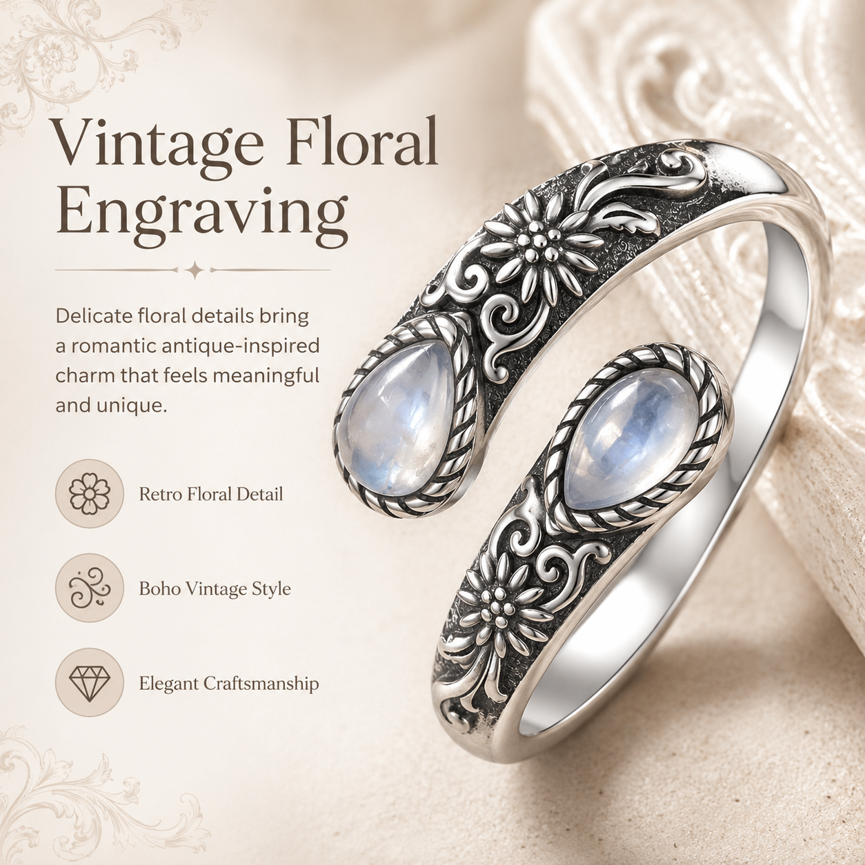 🔥Last Day 🌙Moonstone Bloom Ring | Vintage Style • Adjustable Fit • Timeless Elegance