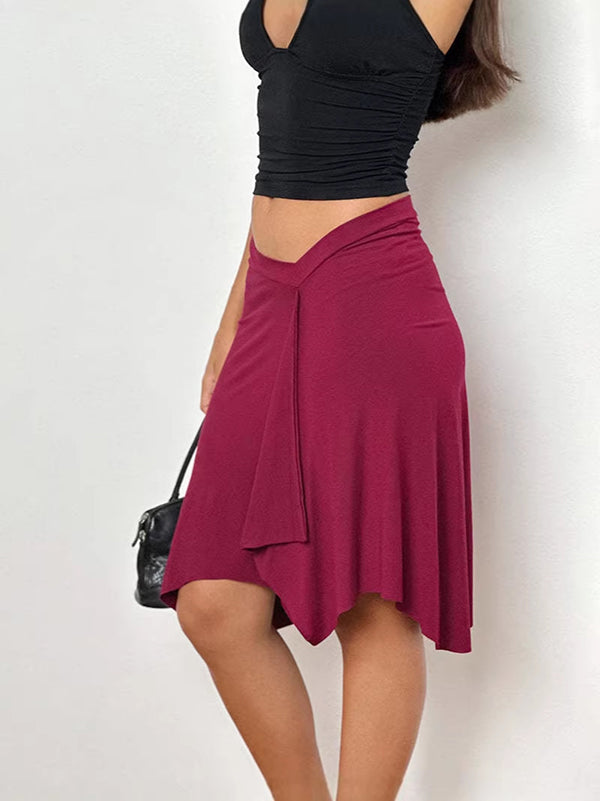 Irregular hemline, slimming, hip-concealing mid-length A-line skirt