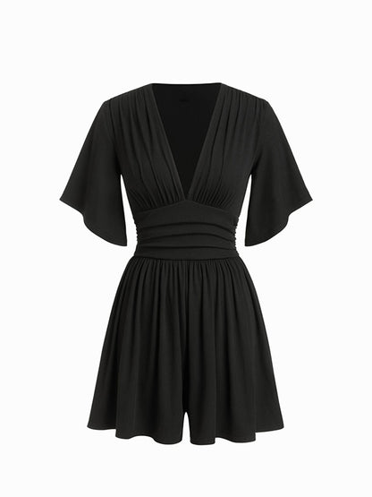 Women's Deep V-neck Pleated High-waisted Short-sleeved Jumpsuit Shorts