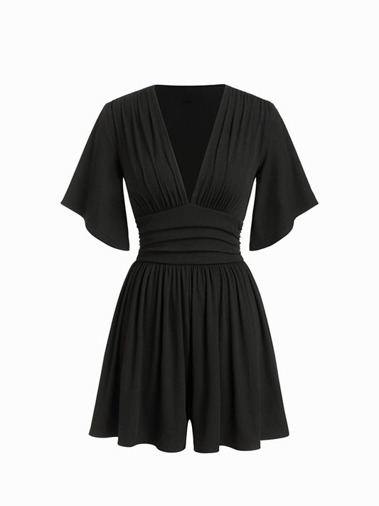 Women's Deep V-neck Pleated High-waisted Short-sleeved Jumpsuit Shorts