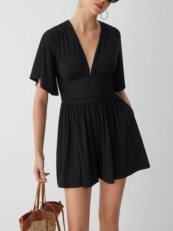 Women's Deep V-neck Pleated High-waisted Short-sleeved Jumpsuit Shorts