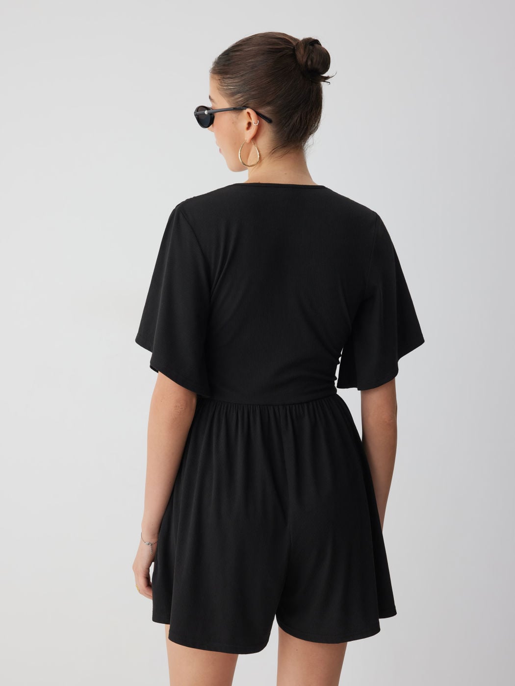 Women's Deep V-neck Pleated High-waisted Short-sleeved Jumpsuit Shorts