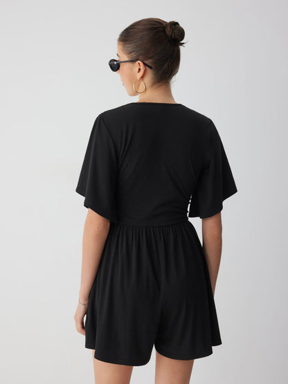 Women's Deep V-neck Pleated High-waisted Short-sleeved Jumpsuit Shorts
