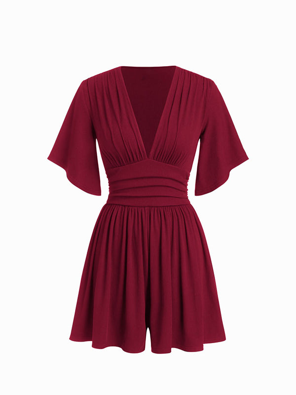 Women's Deep V-neck Pleated High-waisted Short-sleeved Jumpsuit Shorts