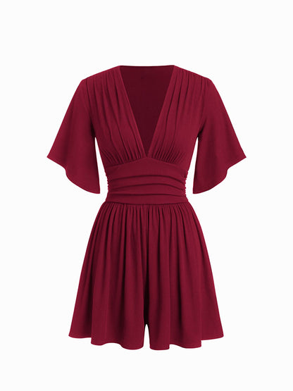 Women's Deep V-neck Pleated High-waisted Short-sleeved Jumpsuit Shorts