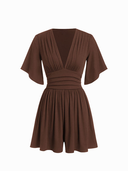 Women's Deep V-neck Pleated High-waisted Short-sleeved Jumpsuit Shorts